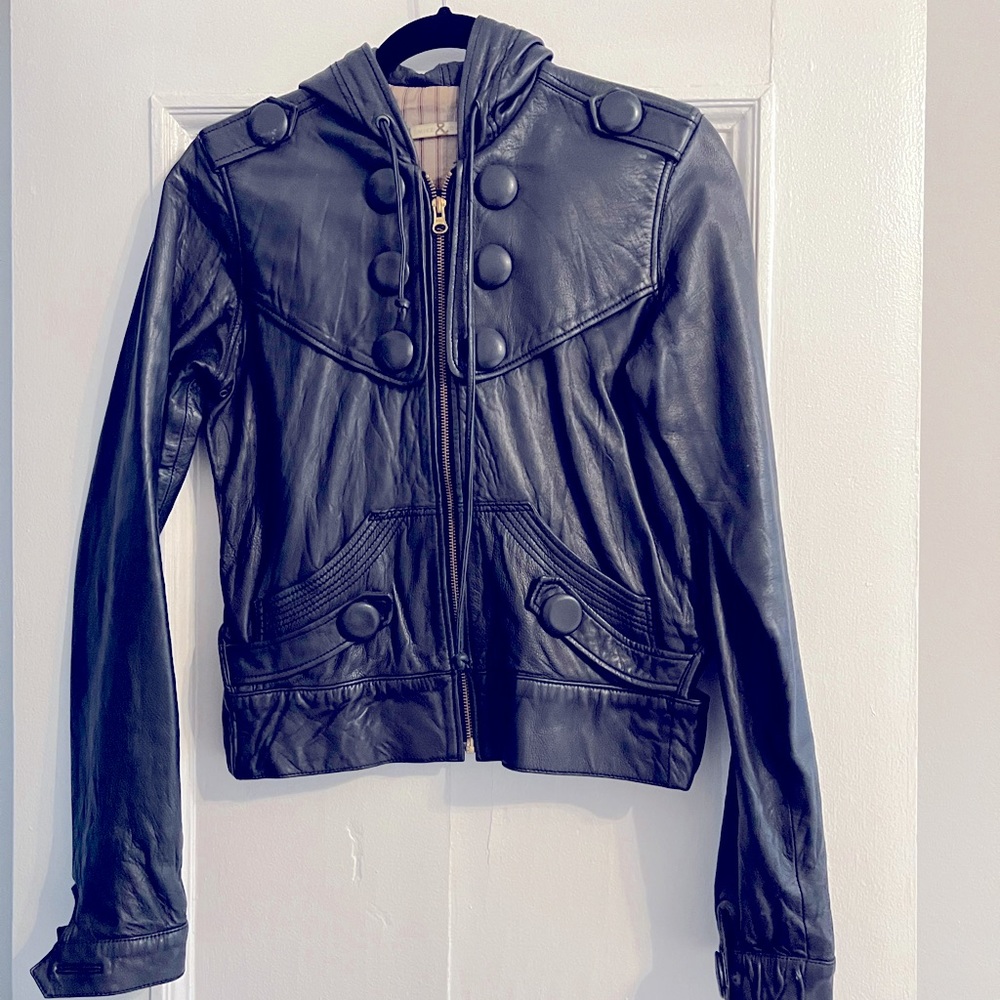 Mike and Chris Hooded Leather Jacket in navy blue